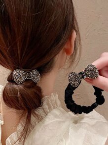 2个装女士水钻蝴蝶结装饰休闲发圈，适用于派对装饰、马尾辫发圈、橡皮筋发圈、发绳、弹性发圈、发饰、头饰 - 彩色 - 查看 2