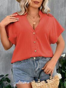 SHEIN LUNE Plus Solid Button Front Blouse - Burnt Orange - View 6