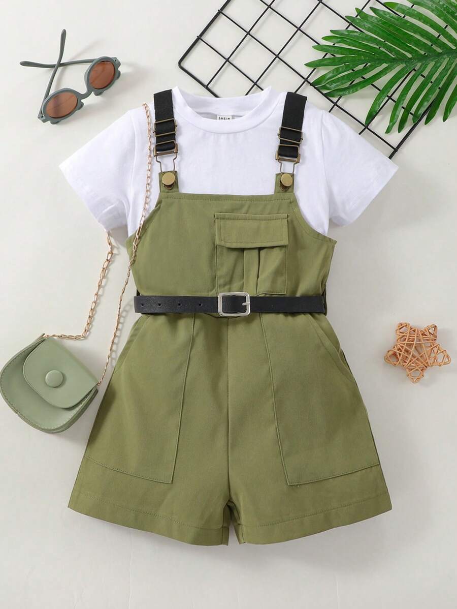 SHEIN 小女童素色T恤和翻蓋細節腰帶背帶連體短褲