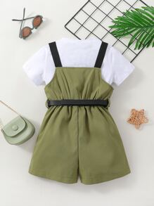 SHEIN 小女童素色T恤和翻蓋細節腰帶背帶連體短褲