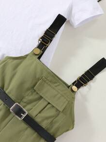 SHEIN 小女童素色T恤和翻蓋細節腰帶背帶連體短褲