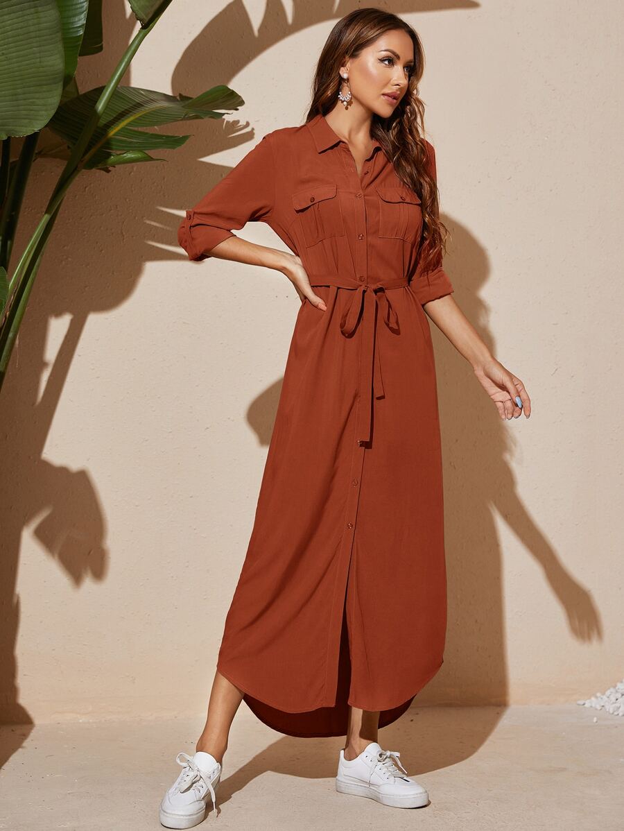 Mulvari Flap Pocket Belted Curved Hem Shirt Dress Maxi Women Outfit