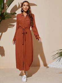 Mulvari Flap Pocket Belted Curved Hem Shirt Dress Maxi Women Outfit