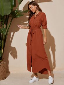 Mulvari Flap Pocket Belted Curved Hem Shirt Dress Maxi Women Outfit