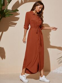 Mulvari Flap Pocket Belted Curved Hem Shirt Dress Maxi Women Outfit