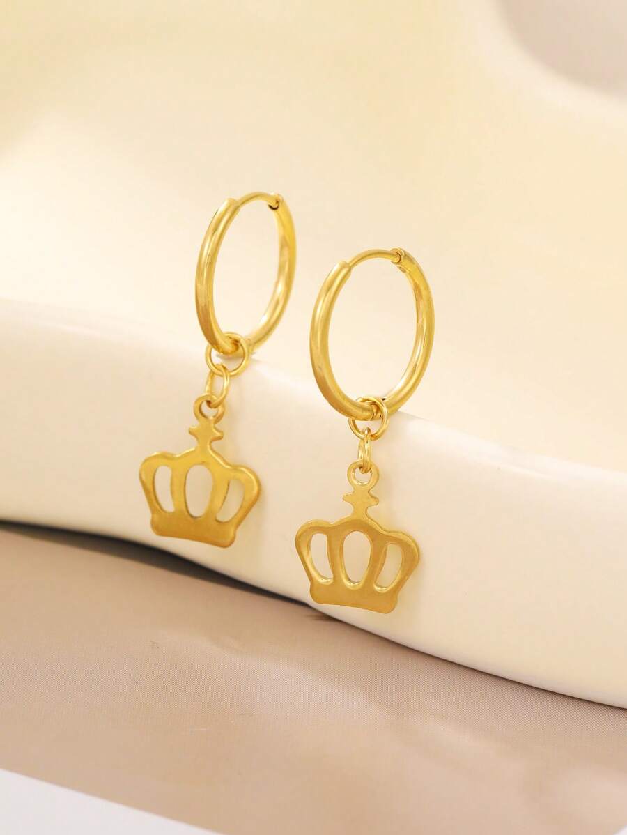 皇冠裝飾圓耳環 - 金黃色 - 查看 1
