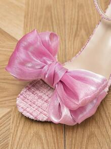 女士蝴蝶結裝飾粗跟時尚粉色織物踝帶平底涼鞋