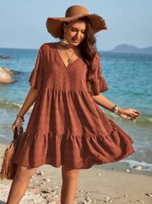 SHEIN Holidaya Đầm Plus Size Viên lá sen màu trơn Dễ thương - gừng - Xem 1