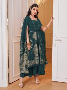 Al Najma Đầm Thêu Chia Paisley Thanh lịch Khiêm tốn - Màu xanh ngọc - Xem 1