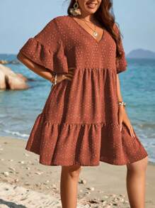 SHEIN Holidaya Đầm Plus Size Viên lá sen màu trơn Dễ thương - gừng - Xem 3