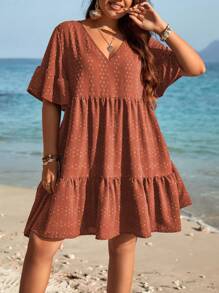 SHEIN Holidaya Đầm Plus Size Viên lá sen màu trơn Dễ thương - gừng - Xem 6