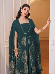 Al Najma Đầm Thêu Chia Paisley Thanh lịch Khiêm tốn - Màu xanh ngọc - Xem 5