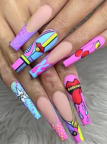 轉換你指甲片帶24入組長款棺材漫畫嘴唇櫻桃舌頭圖案假指甲和1張膠帶和1入組指甲銼 - 彩色 - 查看 1