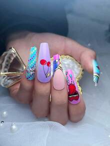 轉換你指甲片帶24入組長款棺材漫畫嘴唇櫻桃舌頭圖案假指甲和1張膠帶和1入組指甲銼 - 彩色 - 查看 2