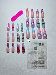 轉換你指甲片帶24入組長款棺材漫畫嘴唇櫻桃舌頭圖案假指甲和1張膠帶和1入組指甲銼 - 彩色 - 查看 5