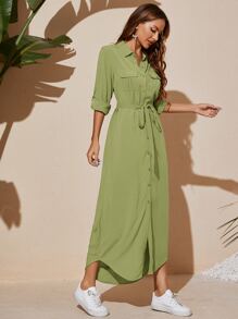 Mulvari 翻蓋口袋腰帶弧形下擺襯衫洋裝