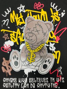 ROMWE MEN Street Life Guys Cartoon & Slogan Graphic Tee - Black - View 4