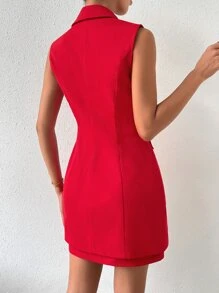 SHEIN Privé Double Breasted Vest Blazer & Skirt - Red - View 3