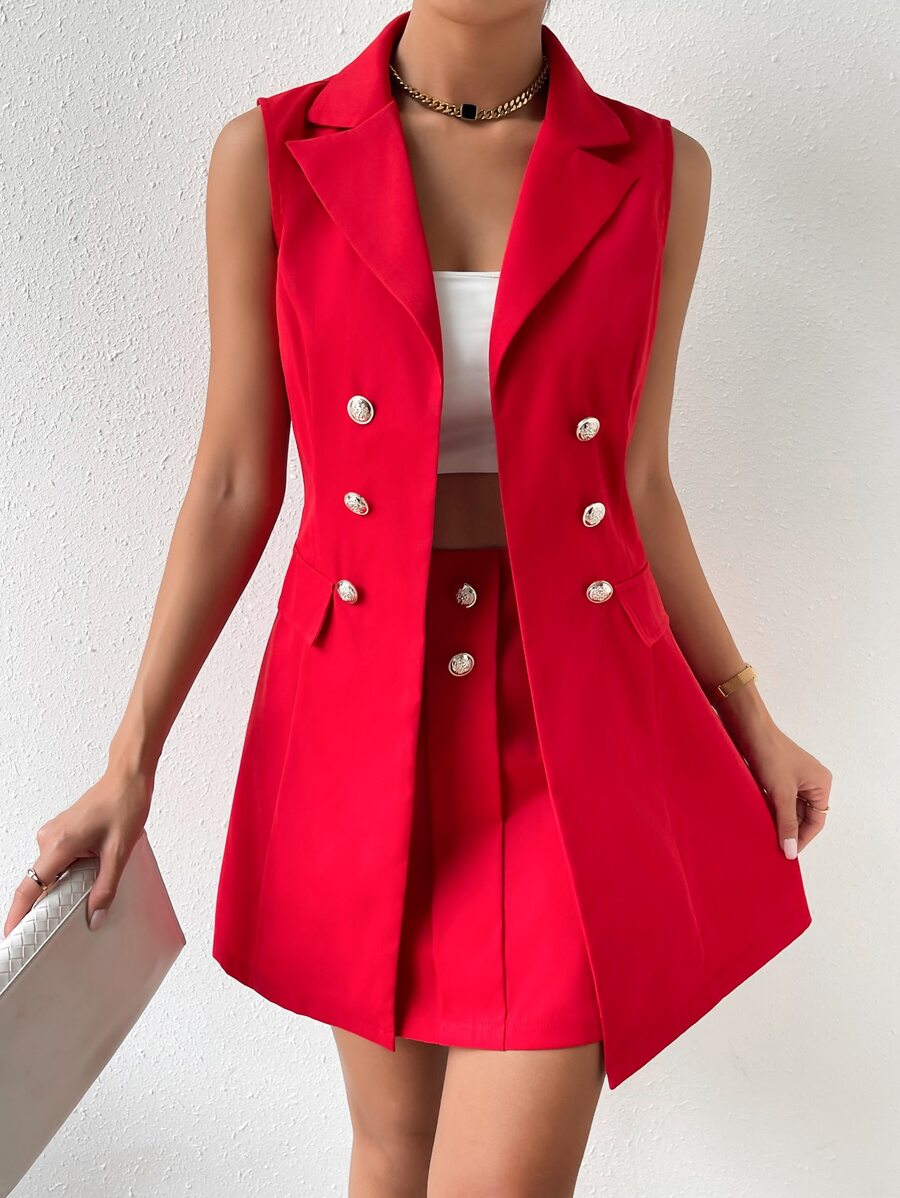SHEIN Privé Double Breasted Vest Blazer & Skirt - Red - View 1