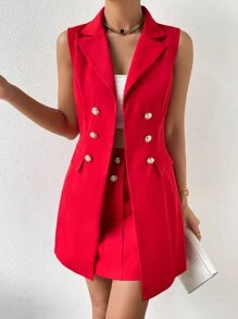 SHEIN Privé Double Breasted Vest Blazer & Skirt - Red - View 5