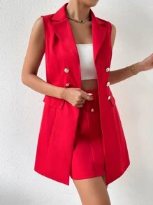 SHEIN Privé Double Breasted Vest Blazer & Skirt - Red - View 6