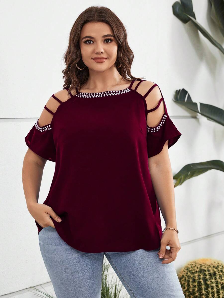 SHEIN LUNE Áo sơ mi Plus Size Cắt ra cườm đính Ngọc trai màu trơn Giải trí - Màu Đỏ Sâu - Xem 1