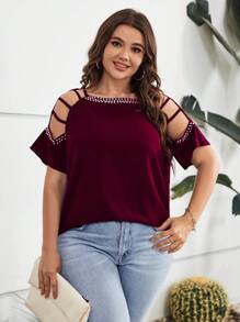 SHEIN LUNE Áo sơ mi Plus Size Cắt ra cườm đính Ngọc trai màu trơn Giải trí - Màu Đỏ Sâu - Xem 3