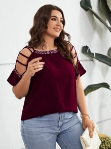 SHEIN LUNE Áo sơ mi Plus Size Cắt ra cườm đính Ngọc trai màu trơn Giải trí - Màu Đỏ Sâu - Xem 4