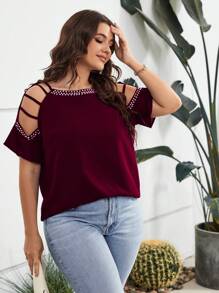 SHEIN LUNE Áo sơ mi Plus Size Cắt ra cườm đính Ngọc trai màu trơn Giải trí - Màu Đỏ Sâu - Xem 5