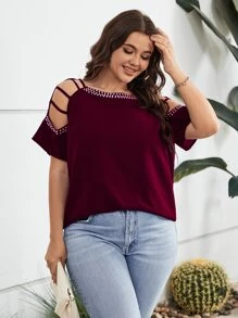 SHEIN LUNE Áo sơ mi Plus Size Cắt ra cườm đính Ngọc trai màu trơn Giải trí - Màu Đỏ Sâu - Xem 6