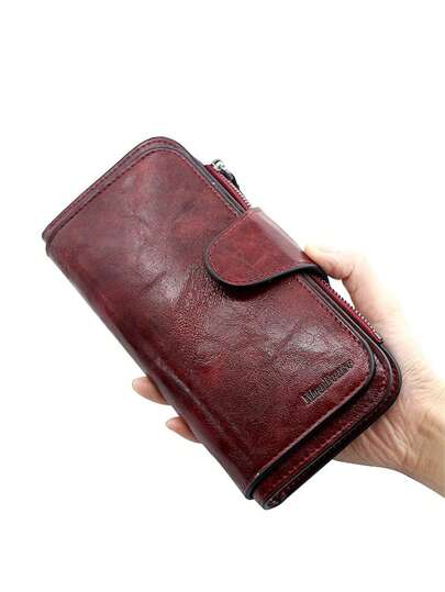 Women's Long Wallet, Minimalist Oiled Leather Clutch Purse, Random Printed Letter/Pattern (All Prints Are Random)