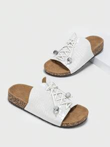 Xăng đan đế bằng có dây buộc phía trước dập nổi cá sấu cho nữ, Xăng đan đế bằng màu trắng thời trang - trắng - Xem 3