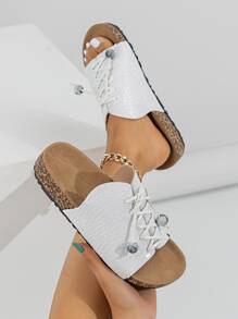 Xăng đan đế bằng có dây buộc phía trước dập nổi cá sấu cho nữ, Xăng đan đế bằng màu trắng thời trang - trắng - Xem 5
