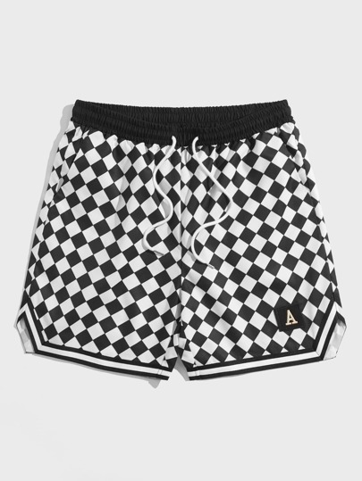 Guys Checkerboard Print Striped Trim Drawstring Waist Shorts