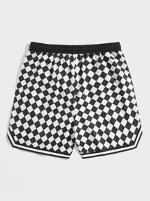 ROMWE MEN Guys Checkerboard Print Striped Trim Drawstring Waist Shorts - Black and White - View 2