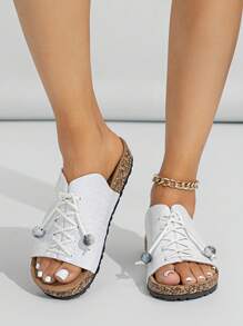Xăng đan đế bằng có dây buộc phía trước dập nổi cá sấu cho nữ, Xăng đan đế bằng màu trắng thời trang - trắng - Xem 7