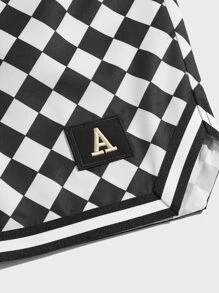 ROMWE MEN Guys Checkerboard Print Striped Trim Drawstring Waist Shorts - Black and White - View 4