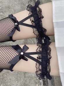 女士黑色蝴蝶结蕾丝过膝渔网袜 - 黑色 - 查看 2