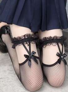 女士黑色蝴蝶结蕾丝过膝渔网袜 - 黑色 - 查看 3