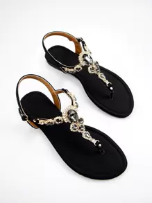 女士水钻装饰踝带人字拖凉鞋，魅力夏季平底凉鞋情人节礼物，人字拖 - 黑色 - 查看 4