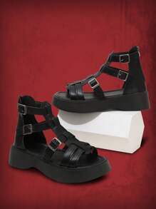 ROMWE Grunge Punk 女士搭扣裝飾踝帶龐克黑色坡跟涼鞋 - 黑色 - 查看 1