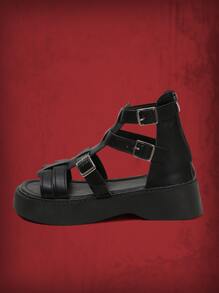 ROMWE Grunge Punk 女士搭扣裝飾踝帶龐克黑色坡跟涼鞋 - 黑色 - 查看 2