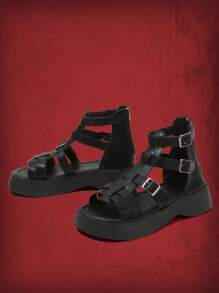 ROMWE Grunge Punk 女士搭扣裝飾踝帶龐克黑色坡跟涼鞋 - 黑色 - 查看 3