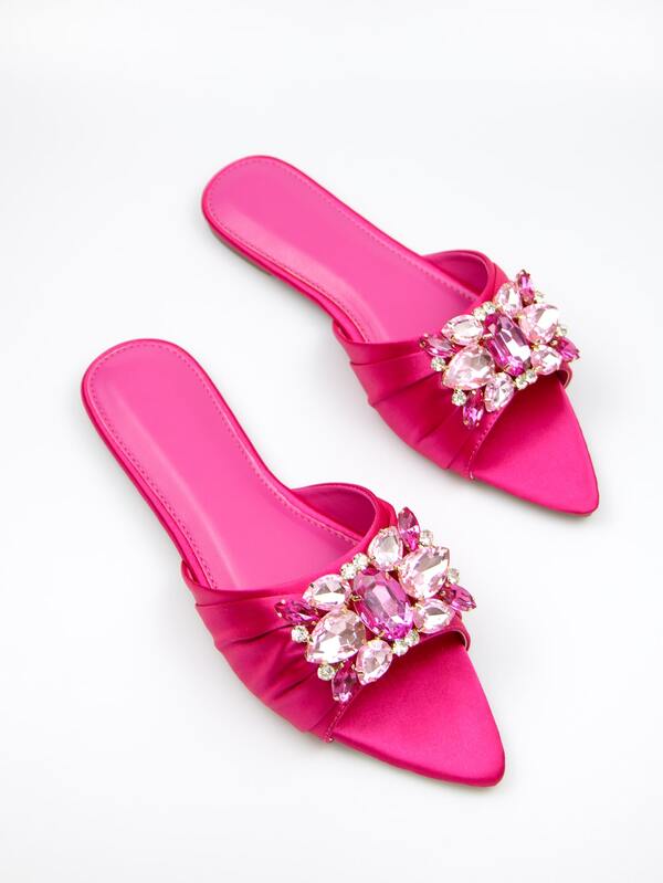 Women Rhinestone Decor Flat Sandals, Glamorous Satin Slide Sandals For
