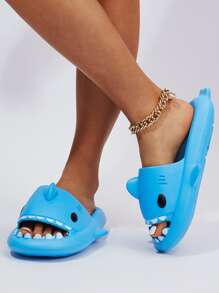 Women Shark Design Slides, Preppy Blue EVA Slides - Blue - View 2