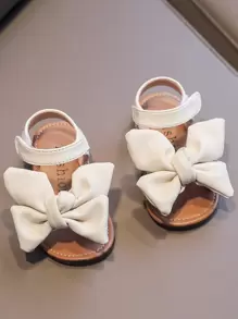 學院白色踝帶平底涼鞋適用於女孩蝴蝶結裝飾魔術貼涼鞋