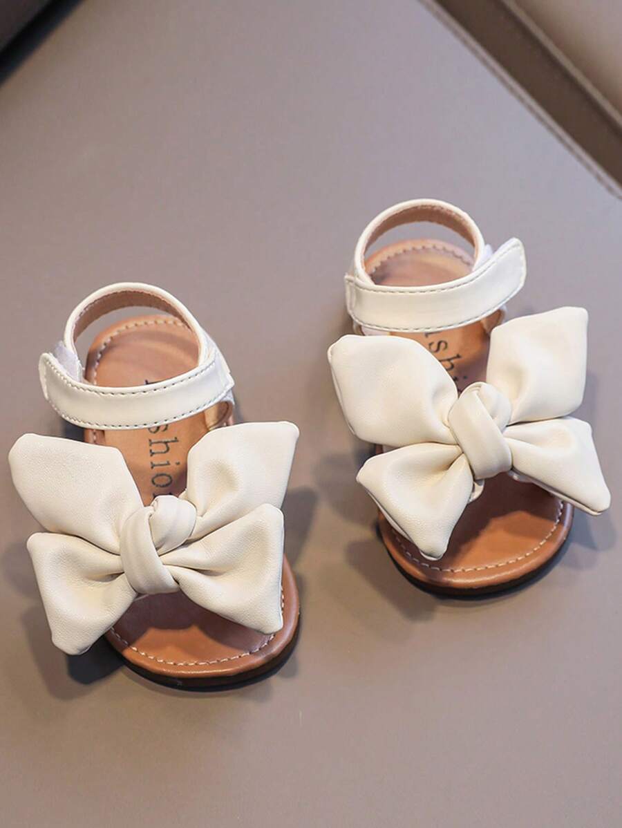 學院白色踝帶平底涼鞋適用於女孩蝴蝶結裝飾魔術貼涼鞋