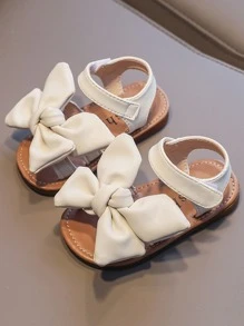 學院白色踝帶平底涼鞋適用於女孩蝴蝶結裝飾魔術貼涼鞋