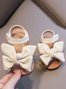 學院白色踝帶平底涼鞋適用於女孩蝴蝶結裝飾魔術貼涼鞋