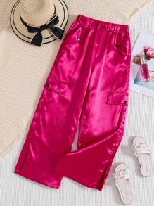 SHEIN Girls Flap Detail Split Hem Trousers - Hot Pink - View 1